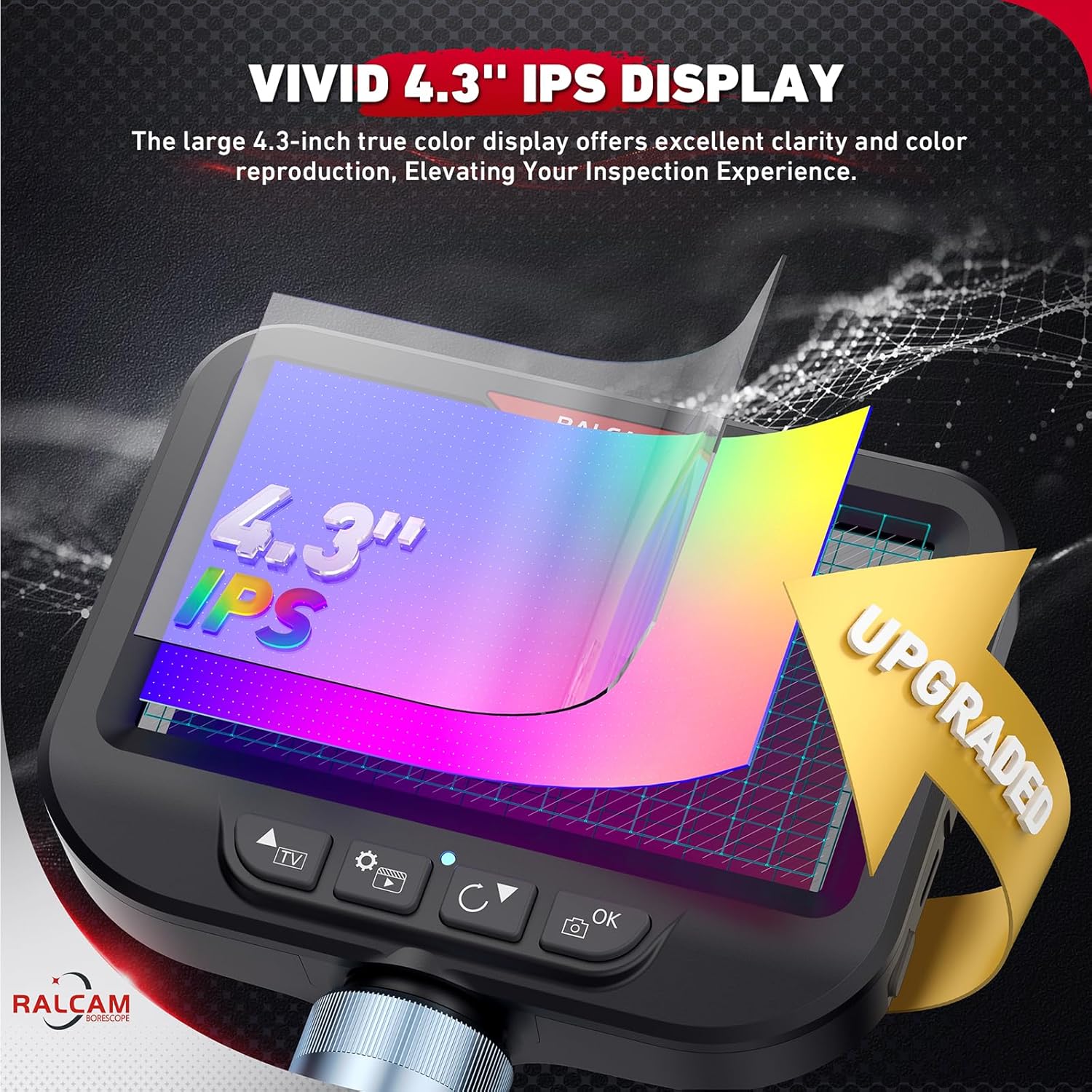 Close-up of the 4.3-inch IPS display on the borescope