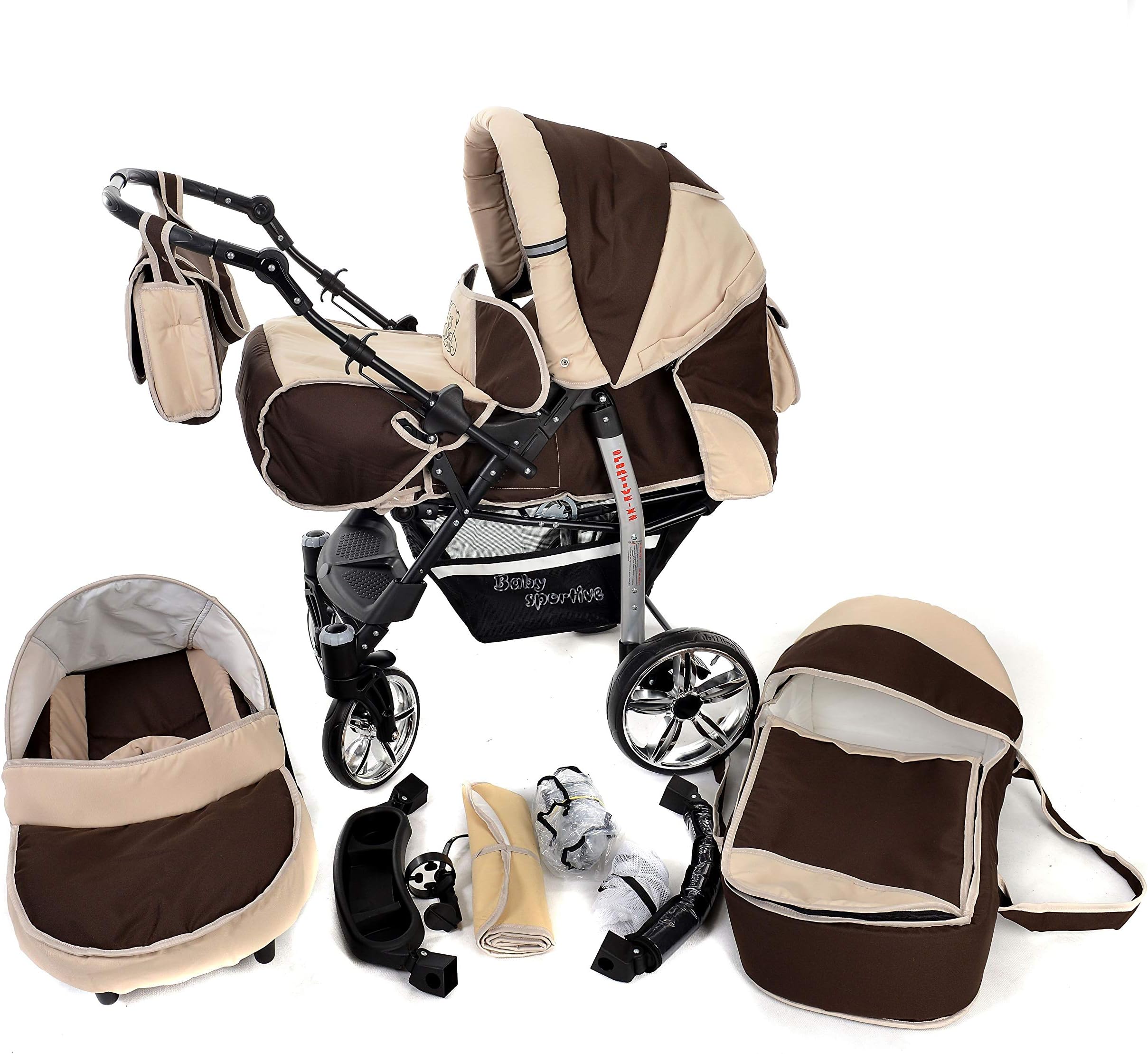 Sportive X2, 3-in-1 Travel System incl. Baby Pram with Swivel Wheels, Car Seat, Pushchair & Accessories (3-in-1 Travel System, Brown & Beige)