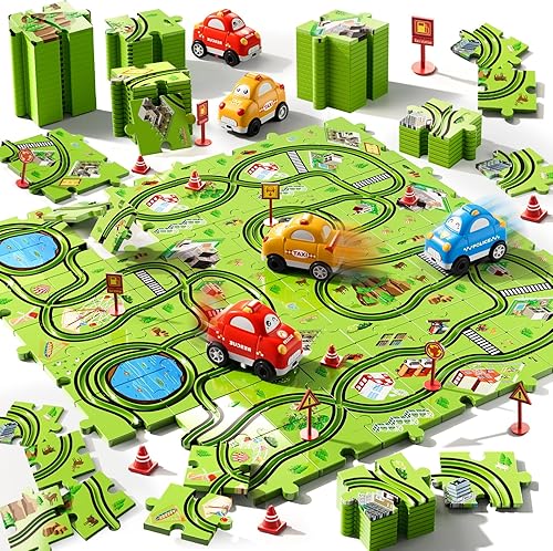 Juego de 64 piezas de coches de pista de rompecabezas para niños y niños, juguetes para niños pequeños, regalos para niños de 3, 4, 5 y 6 años, para
