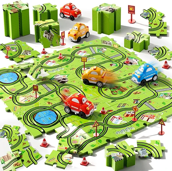 Beby Buty 64 PCS Puzzle Track Car Set Toys for Kids Boys, Toddler Toys Gifts for 3 4 5 Year Old Boys, Floor Puzzle Tracks Car for Boys Ages 3-5 4-6, for 3 4 5 6 Year Old