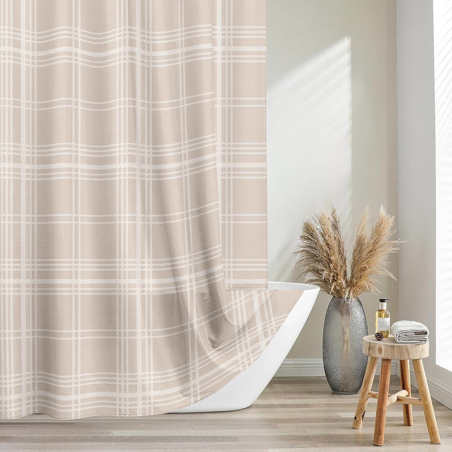 Tititex Classic Scottish Plaid 140gsm Faux Linen Fabric Shower Curtain, Cream Tartan Grid Shower Curtain Sets Decoration 72x72 Inch with Hooks