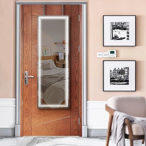 Miniatura 9 de Tektalk Armario de joyería con 3 lámparas de espejo de ranura espejo de longitud completa organizador de armario de joyería montado en la pared con