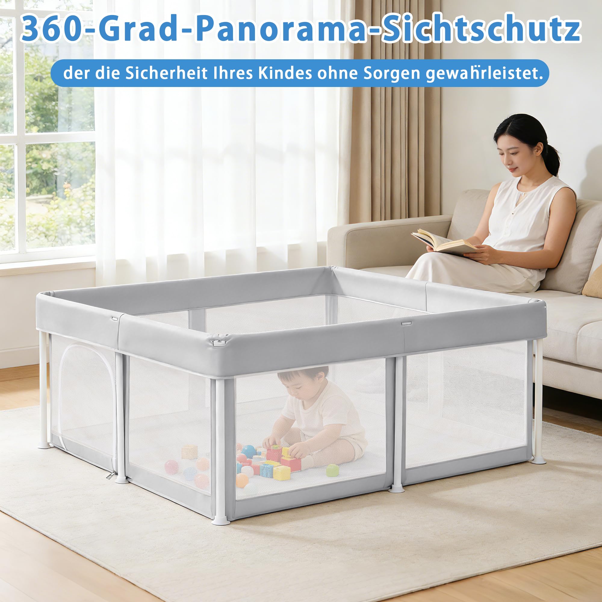 Parc pliable pour bébé, 125 x 125 cm, gris clair | Parc pour bébé avec sac de rangement, grande zone de sécurité et maille respirante, parc pour intérieur/extérieur