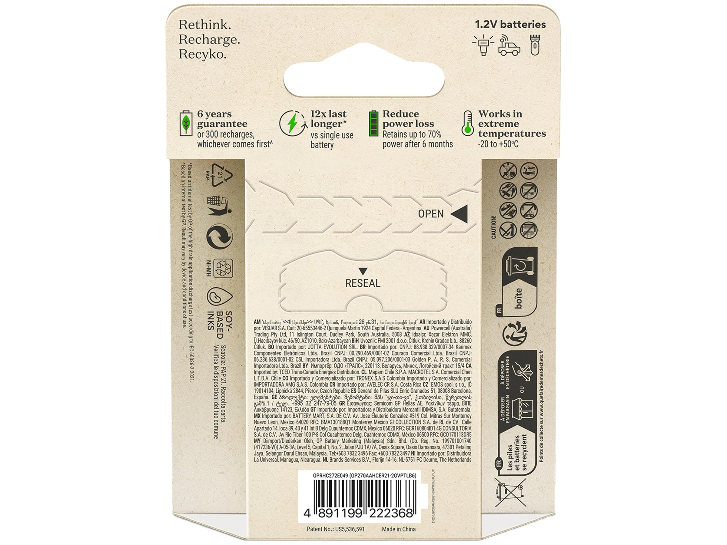 GP Batteries ReCyko 2600mAh AA Ni-Mh Batterie rechargeable, 1,2 V, carte 6