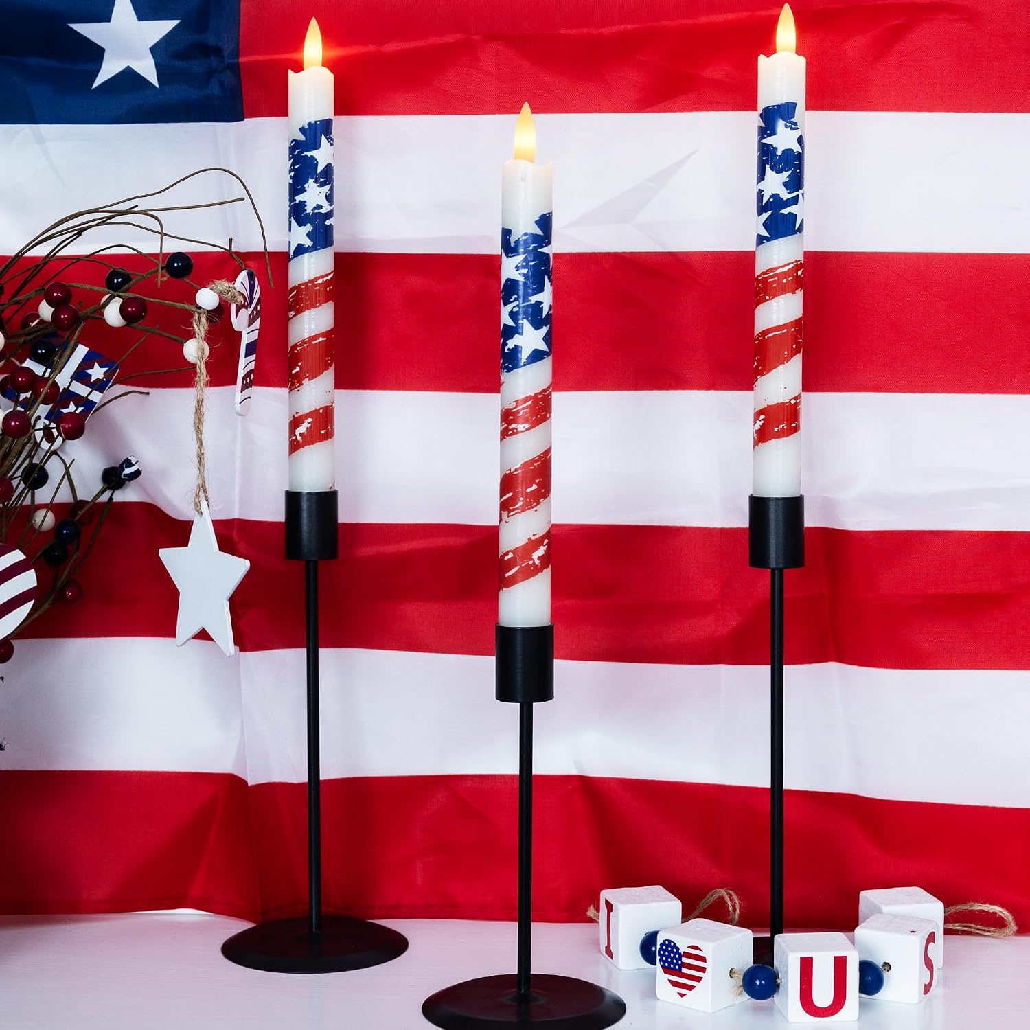 JOIONE 4th of July Flameless Taper Candles with Remote, 3-Pack 250th Anniversary Patriotic Battery Operated LED Red White Blue Flag Pattern Candles, Independence Day Home Decorations
