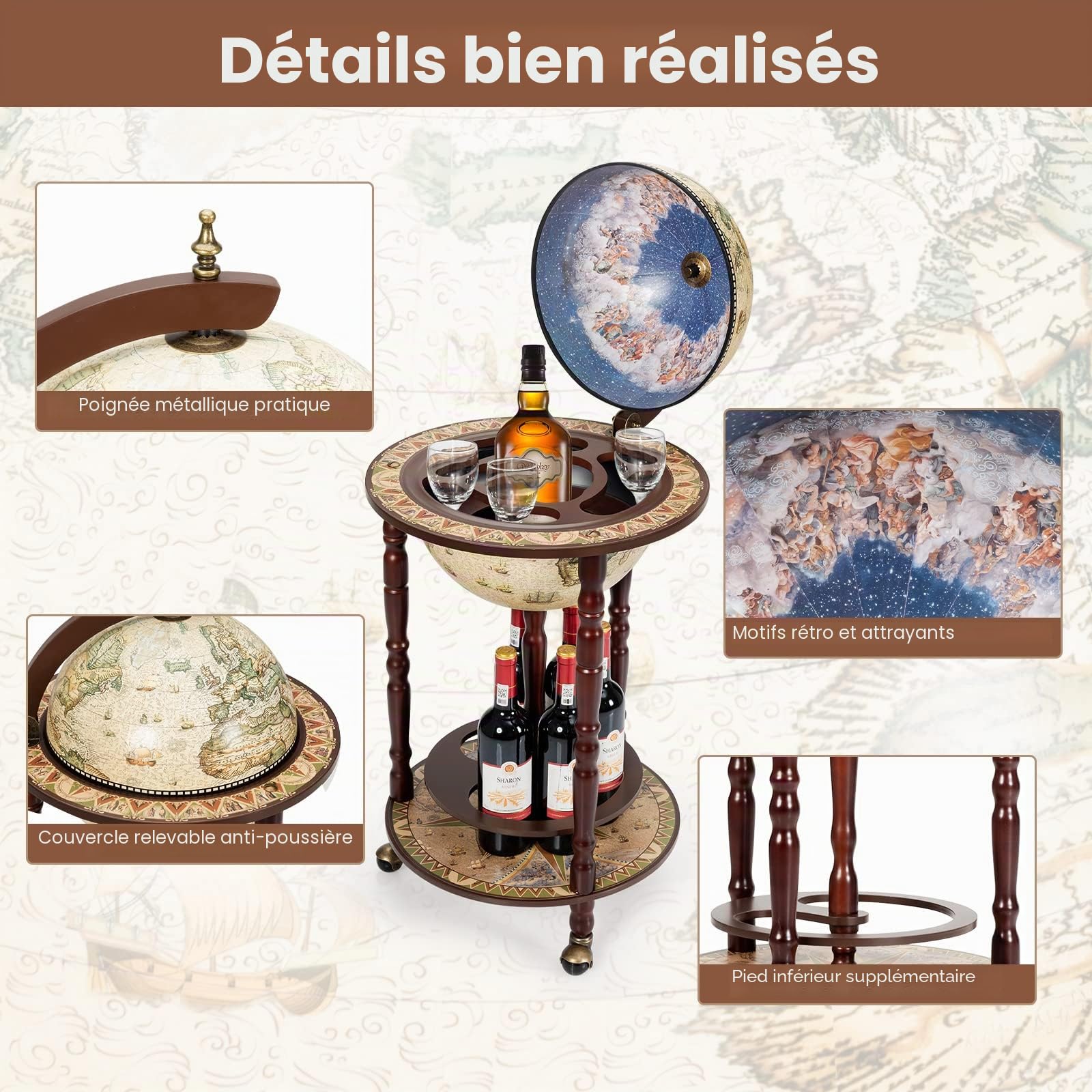 GIANTEX Bar Globe Terrestre avec 3 roulettes,Porte-Bouteille Globe Terrestre Mappemonde Support en Bois,Chariot de Bar Vintage pour Salon,Cuisine,Resto (Beige)
