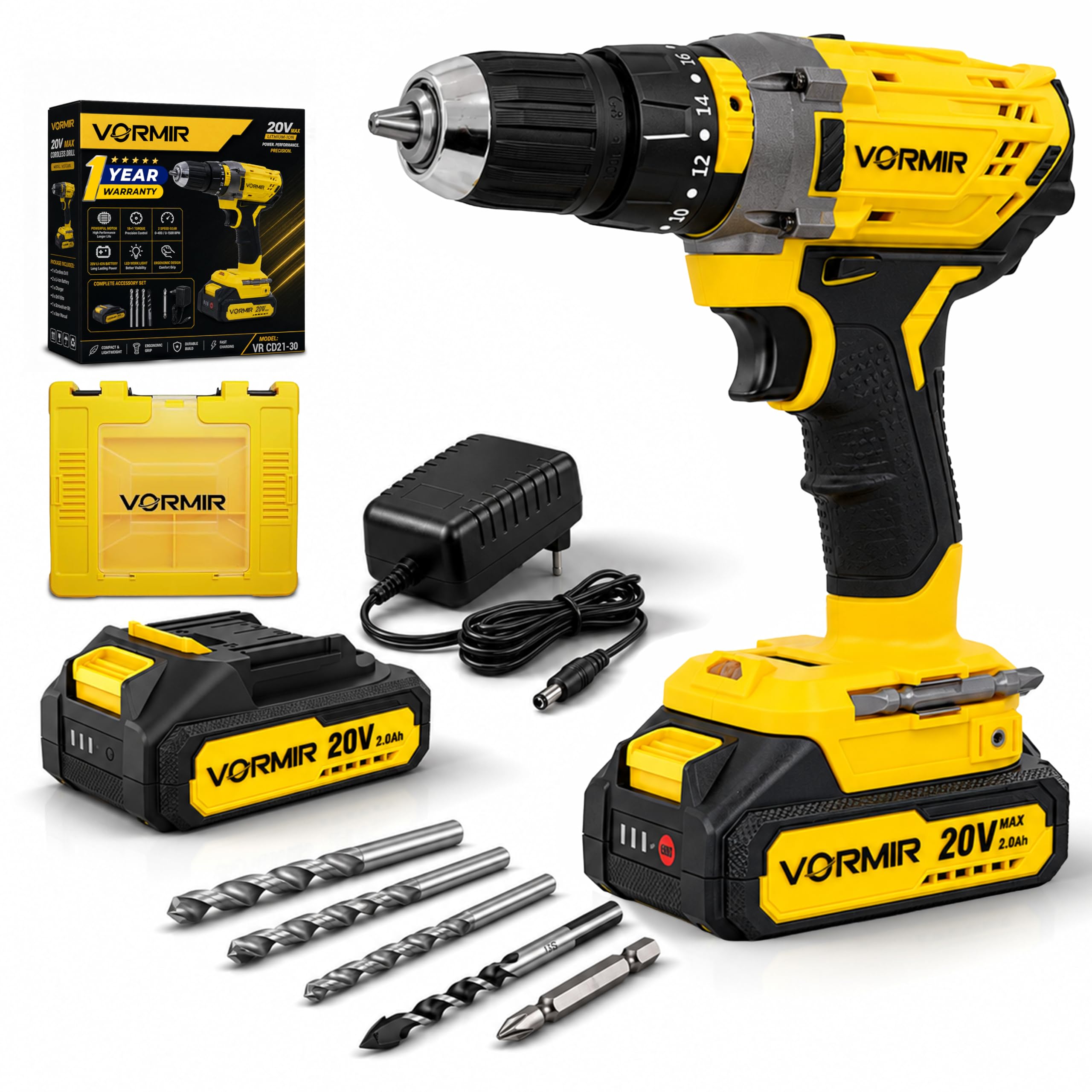 iBELL VORMIR VR CD21-30 20V Max Cordless Drill Driver | 2 Modes (Drill & Impact), Dual Speed 0–450/1450 RPM, 30 Nm Torque, 10mm Chuck, Includes 2.0Ah Li-ion Battery & Fast Charger-image-8