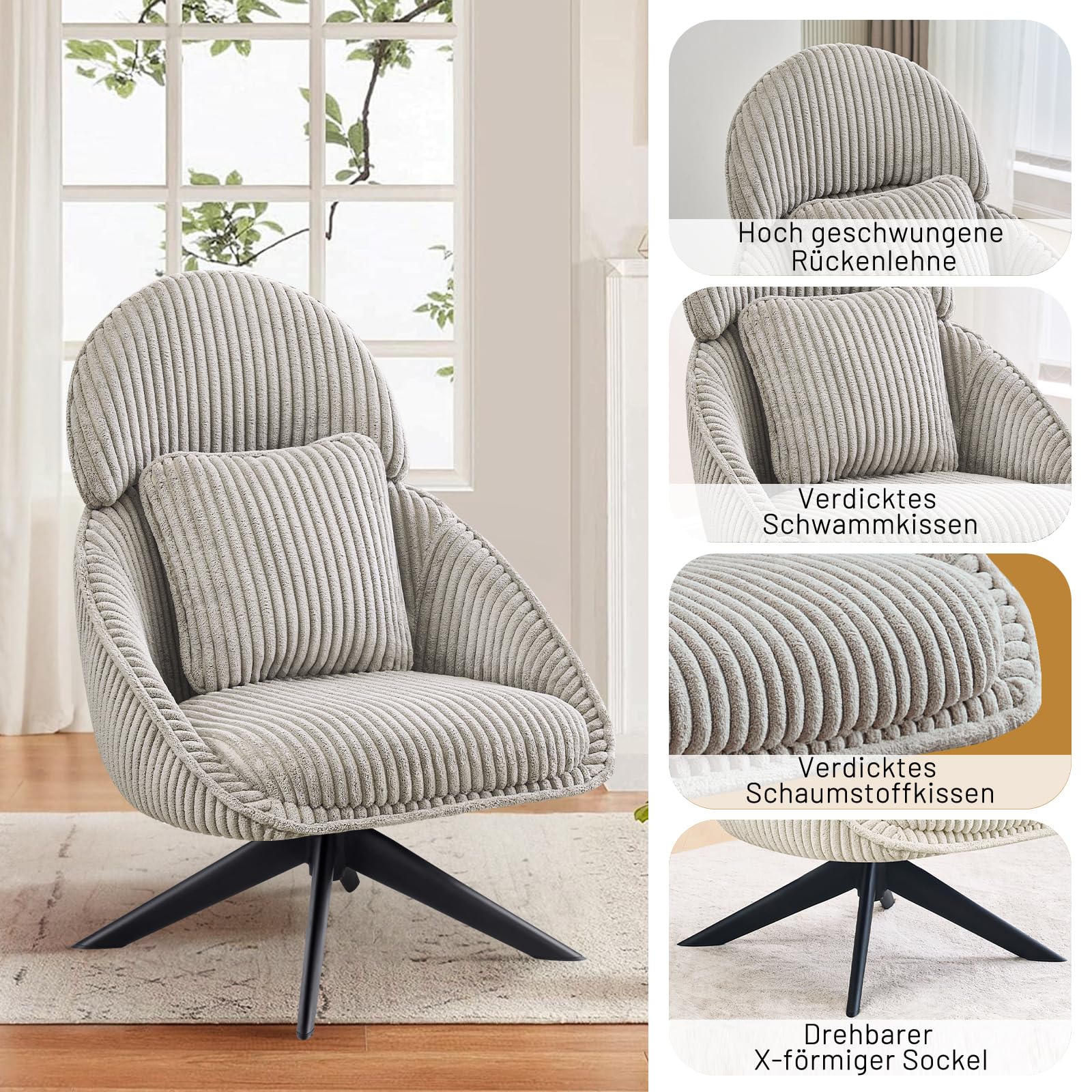 Loungesessel Sessel Wohnzimmer 360°Drehbar, Ohrensessel Armlehnstuhl Polsterstuhl mit dickem Abnehmbares Wurfkissen, Relaxsessel Lesesessel für Wohnzimmer Schlafzimmer Büro