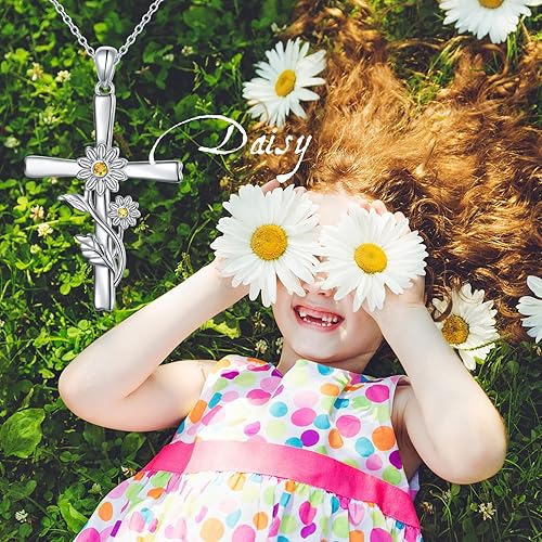 Miniatura 4 de Collar de cruz de margarita para mujer, plata de ley 925, collar con colgante de flores, joyería cristiana, regalo para mujer