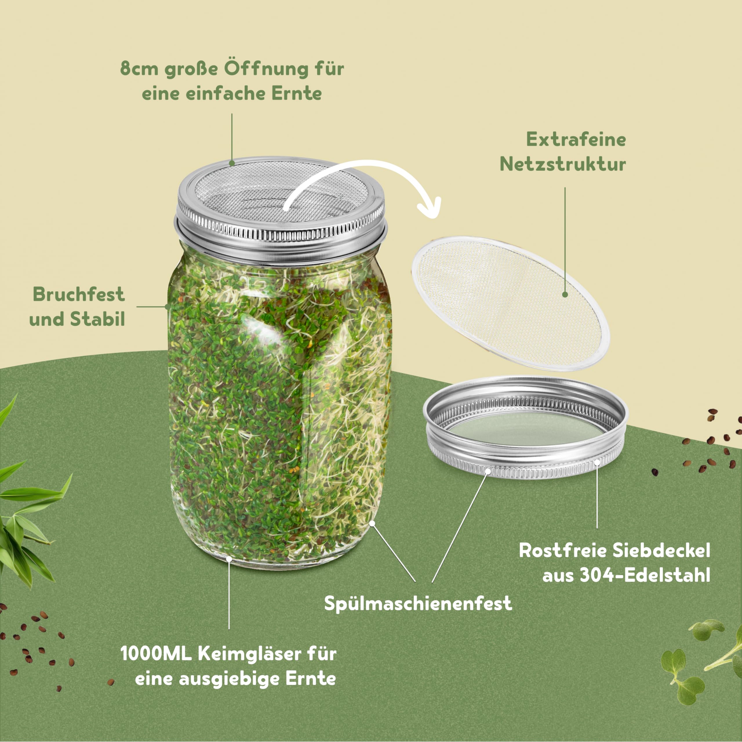 BEAR PAW® Sprossenglas 2er Set - 1000ml Keimglas für Sprossen Keimlinge - (inkl. Bambushalterung, Abdunklungshüllen, Gratis Videokurs, Sprossenbuch) - Sprossenglas Keimglas Set - Sprossen Keimgerät