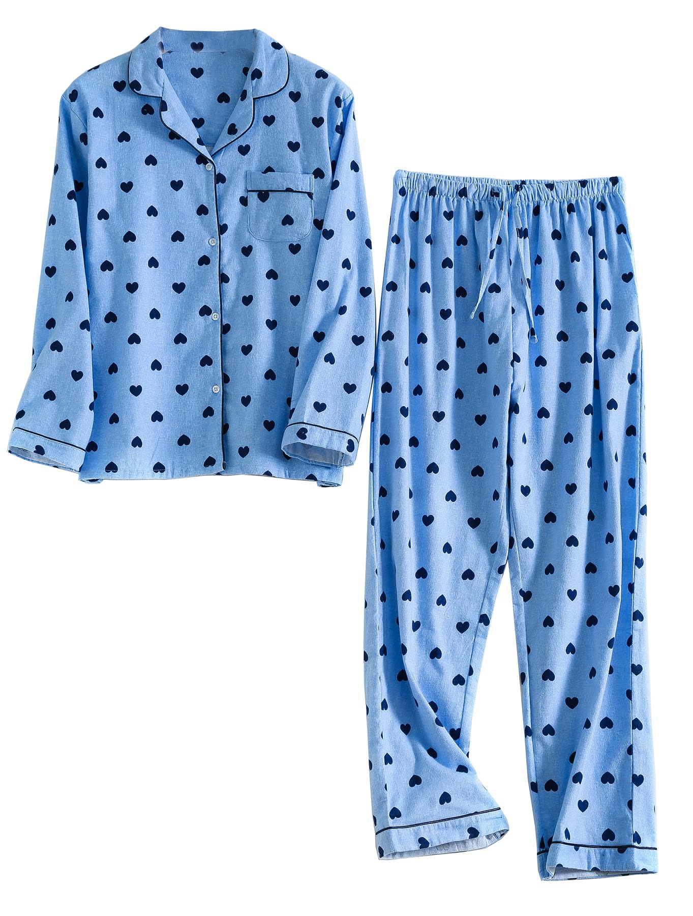 Damen-Pyjama-Set, Flanell-Baumwolle, langärmelig, Knopfleiste, Oberteil, Hose, warme Nachtwäsche, Größe S-XL