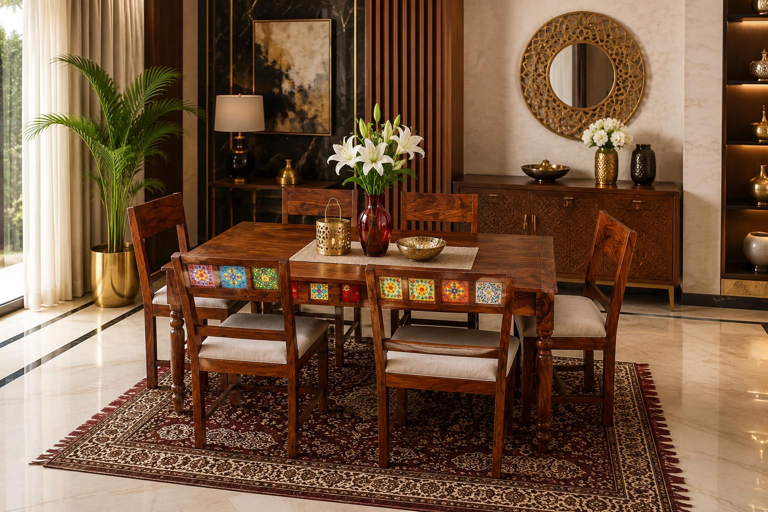 Solid Sheesham Wood 6 Seater Dining Table Set with Cushioned Chairs & Designer Tile Back | Premium Wooden Dining Table Set for Home, Kitchen & Dining Room | Rustic Brown Finish-image-38