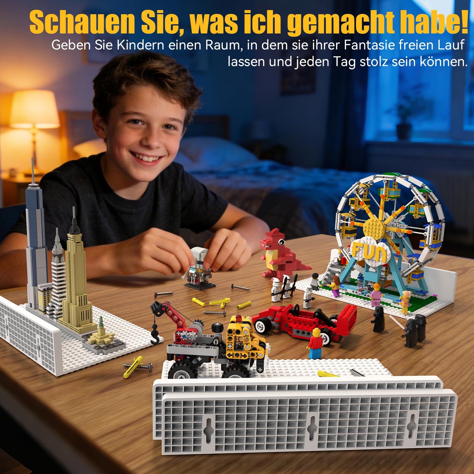 4er-Set Wandregal Bausteine Regal Groß, ABS Schweberegal & Wandboards | 28,7x16cm mit beidseitig 36x20 Noppen, Vitrine & Display für Baustein, Weiß