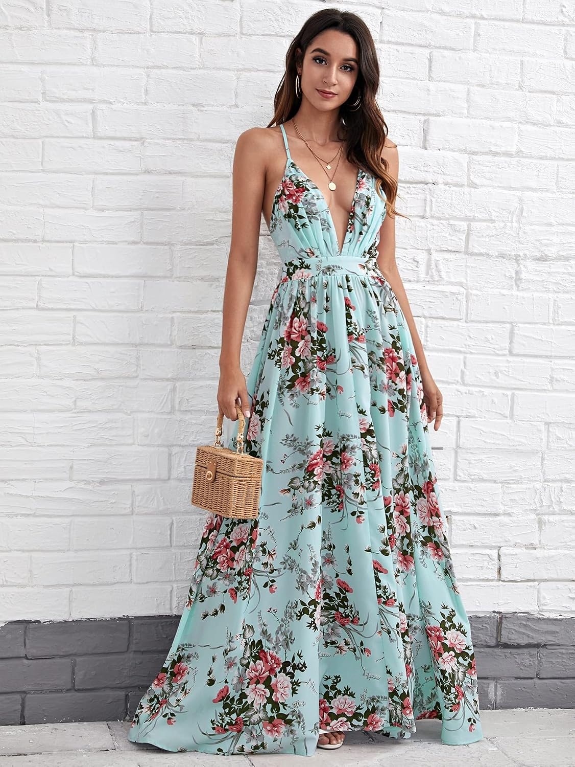 MAPAF Women's Summer Slip Dress Criss Cross Backless Floral Maxi Dress