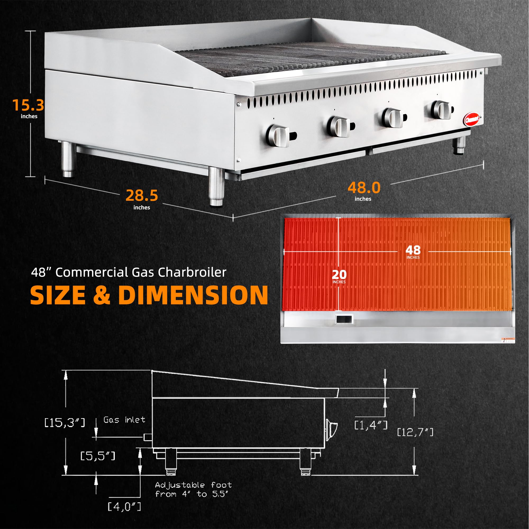 CHUMART 48” Commercial Charbroiler 4 Burners Gas Radiant Charbroiler with 140000 BTU U-Shaped Burners, Natural/Propane Gas Countertop grill with LP Conversion Kit for Restaurant