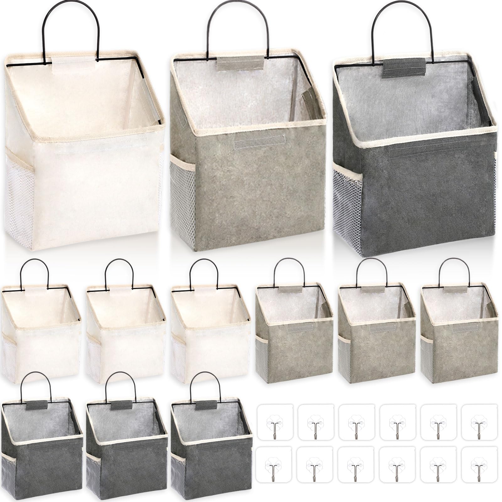 Woanger 12 bolsas de almacenamiento para colgar en la pared, bolsa organizadora para colgar en la puerta, armario, contenedores con ganchos para dormitorio, baño, 15 x 4.3 x 8.7 pulgadas (blanco, gris