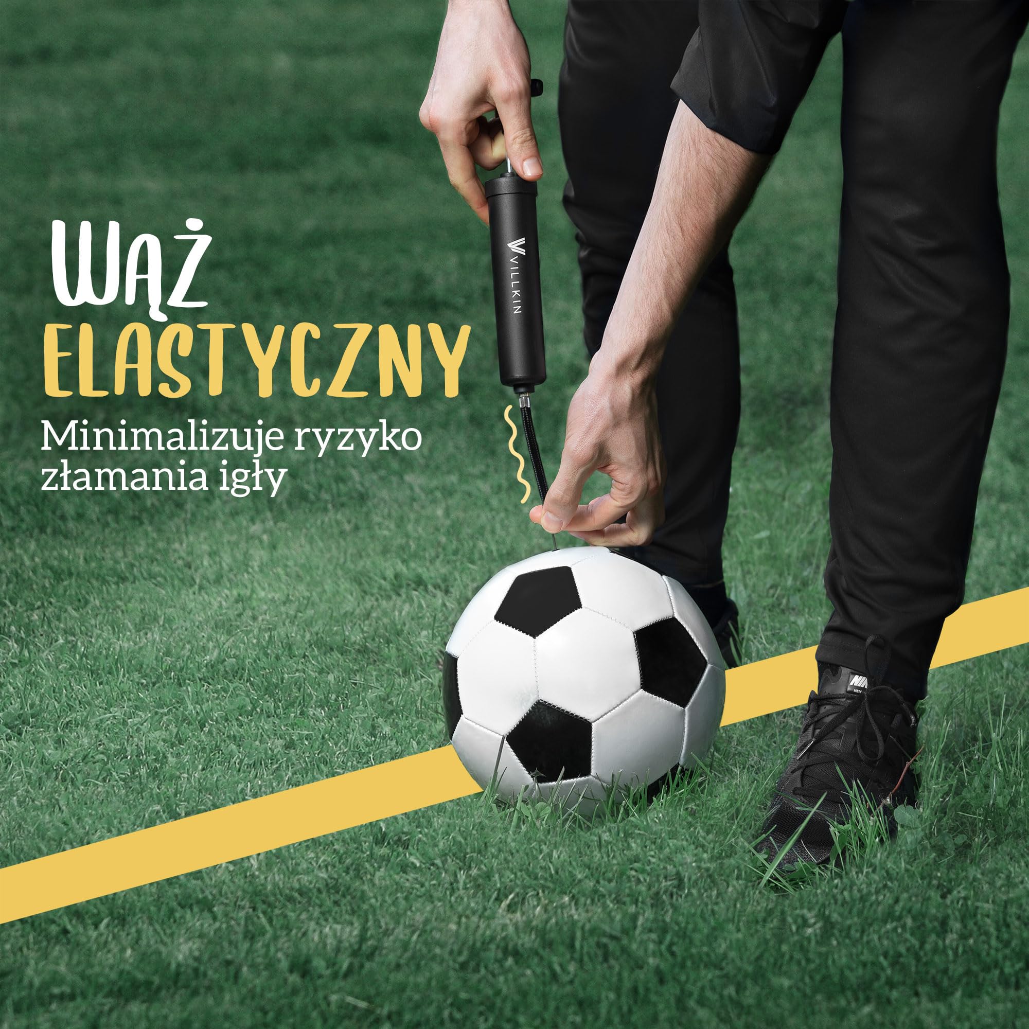 Villkin Pompka do piłek z komorą na igły – w zestawie 4 metalowe igły, 2 x igły z tworzywa sztucznego, 1 x elastyczny wąż – nadaje się do szybkiego pompowania piłki nożnej, koszykówki, piłki ręcznej