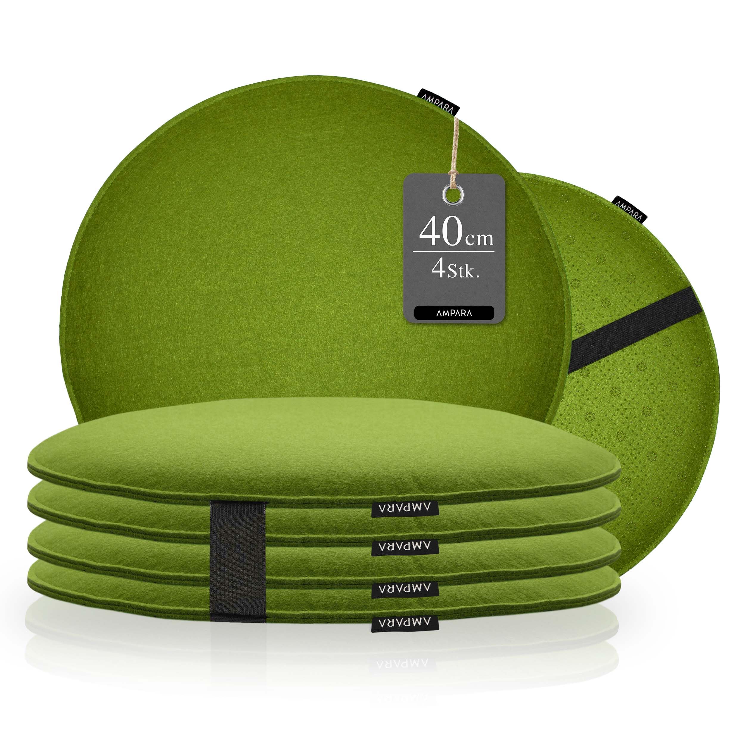 4er Set - Edle Stuhlkissen rund 40cm - rutschfest - Sitzkissen Filz, grün