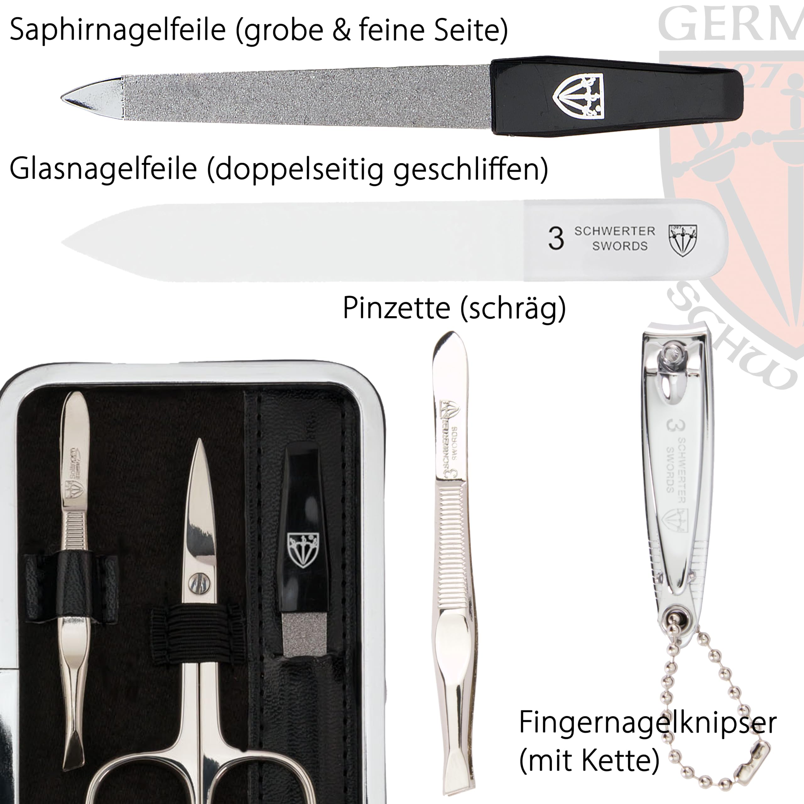DREI SCHWERTER - Germany 6-tlg. Maniküreset 'Genova' | Nagelpflegeset in schwarzem Kunstlederetui | Inhalt: Nagelschere, Hautschere, Nagelknipser, Glasnagelfeile, Pinzette, Saphirnagelfeile