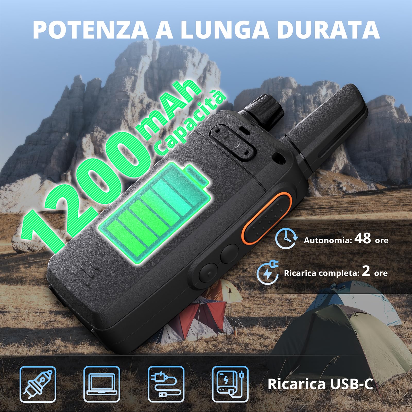 Radioddity Echo-IT Walkie Talkie PMR446 Senza Licenza, Voce in Italiano,Compatti Radio Portatile con Batteria 1200 mAh ricaricabili, USB‑C, VOX, CTCSS/DCS, Squelch Regolabile, 2 pezzi