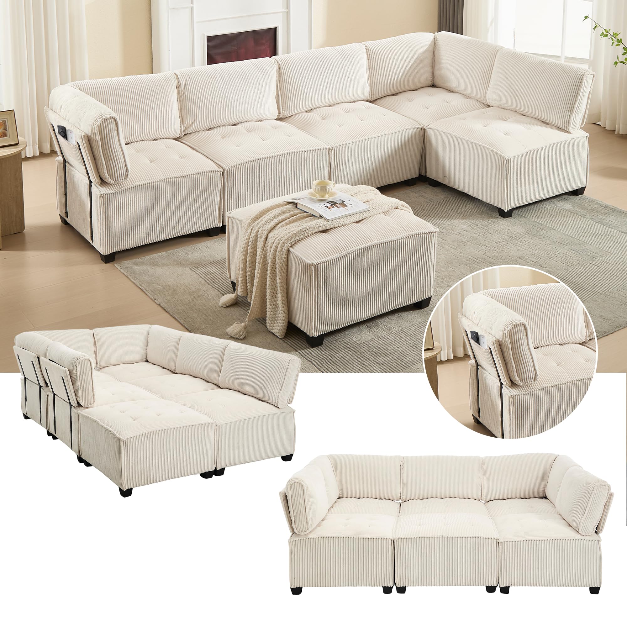Sofá modular de 6 plazas con funda de pana, respaldo ergonómico y reposabrazos, multifuncional, combinable como forma de U, forma de L o sofá cama, con bolsillos laterales, rebote rápido (beige)
