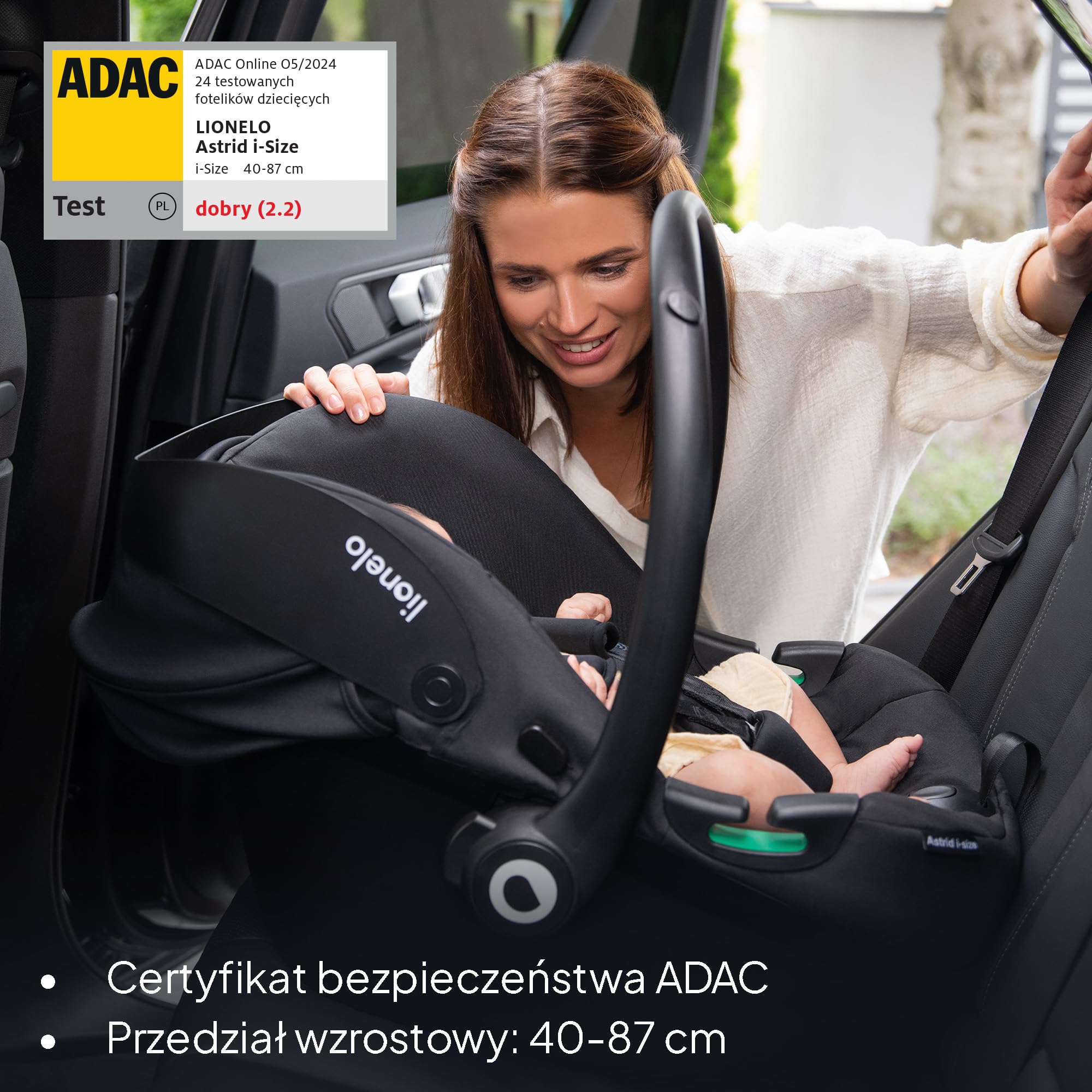 LIONELO Fotelik samochodowy dla niemowląt Astrid I-Size dla malucha 40-87 cm (0-15 miesięcy), uniwersalne dopasowanie, opcja skierowana do tyłu, lekki 4 kg, SideProtect, zagłówek z pianki pamięci, 3