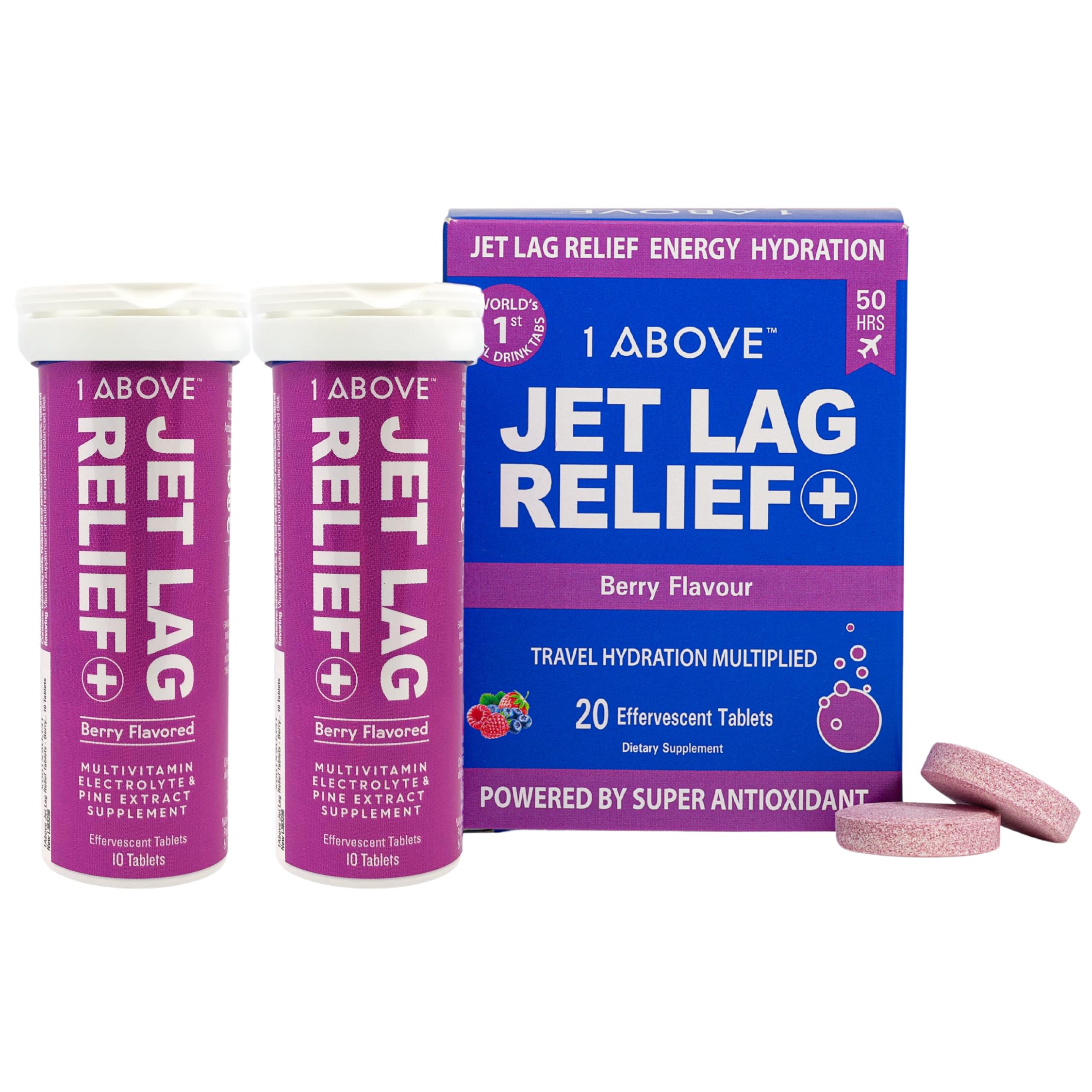 1ABOVEAnti Jet Lag Flight Effervescent Drink Tablets. Super Antioxidant - Pycnogenol + Vitamins + Electrolytes for Travel, Work and Party. 20 Count (2 Tubes) Berry