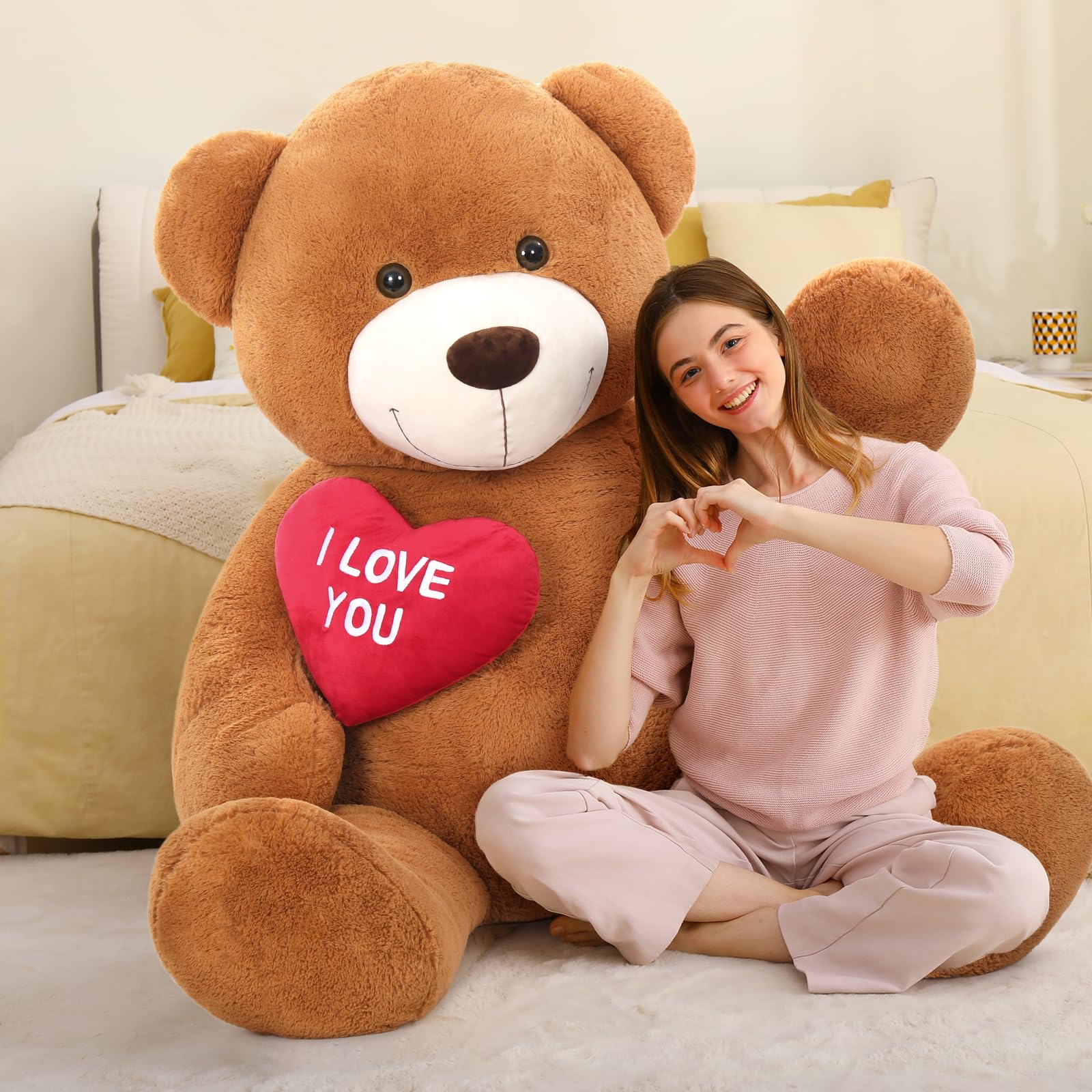 MorisMos130 cm Teddy Bear Large XXL with Red Heart I Love You Dark Brown Giant Teddy Bear Cuddly Bear Children's Gift