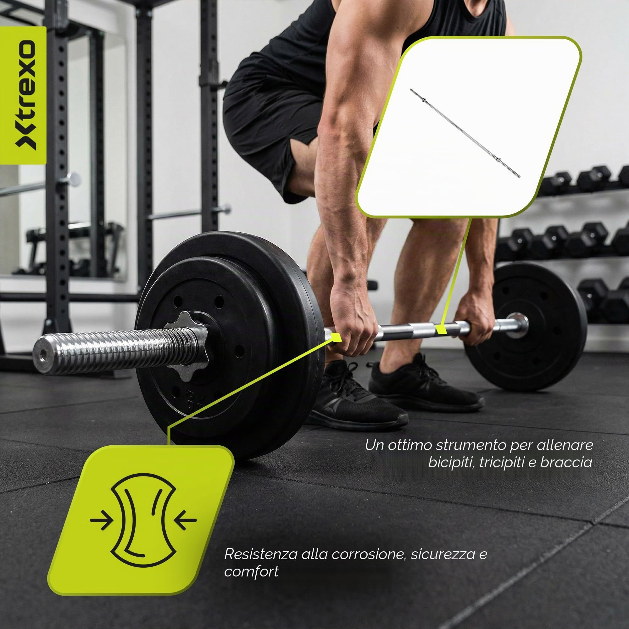 XTREXO TX bilanciere 180 cm – 8,7 kg, capacità di carico 140 kg, diametro 28 mm, acciaio al carbonio, zigrinatura, chiusure a stella, per allenamento di forza a casa, panca, squat, canottaggio