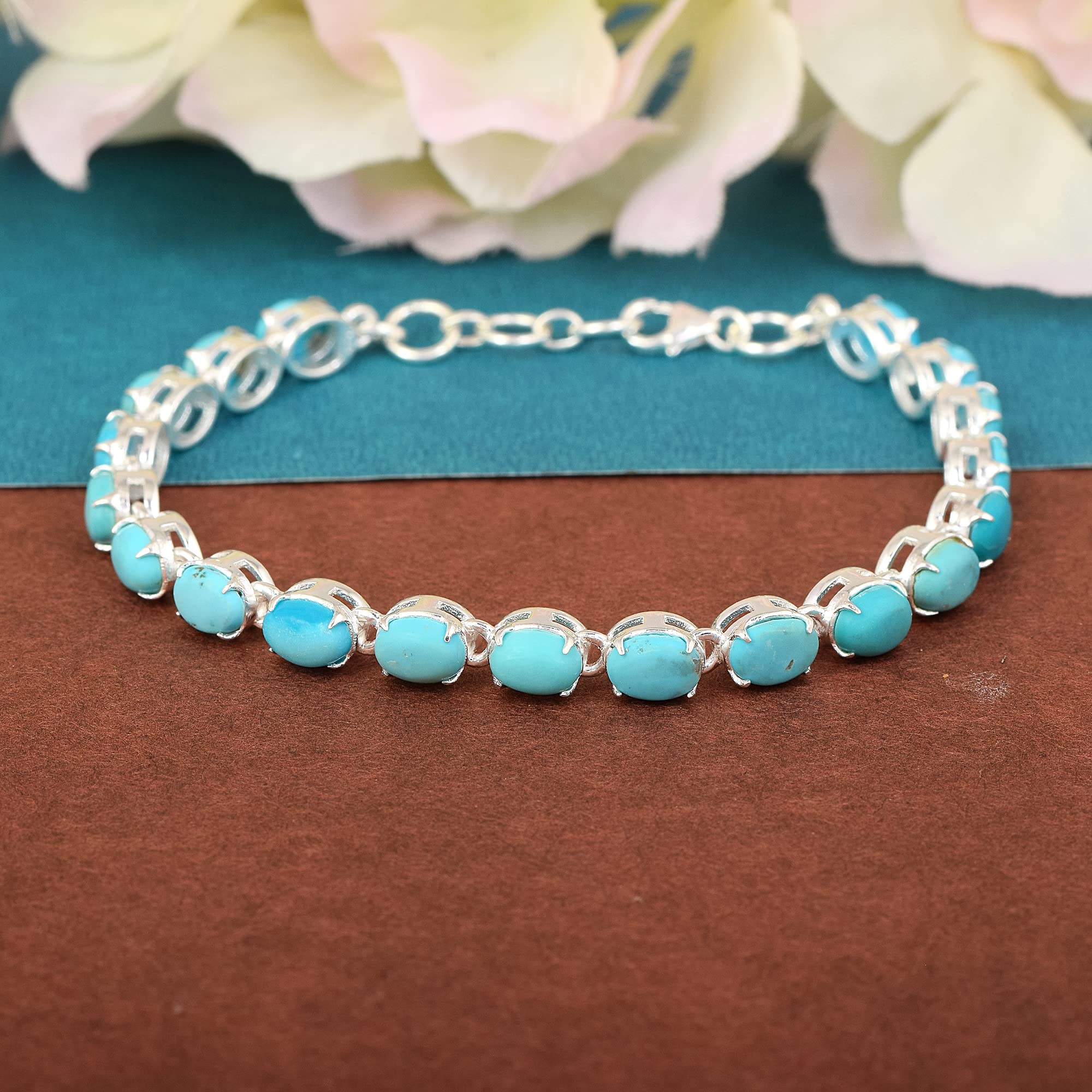 Arizona - Pulsera de tenis turquesa para mujer, 6 x 4 mm, cabujón ovalado, piedra preciosa azul, plata 925, chapado en rodio, cierre de langosta, joyería de regalo de 9 pulgadas