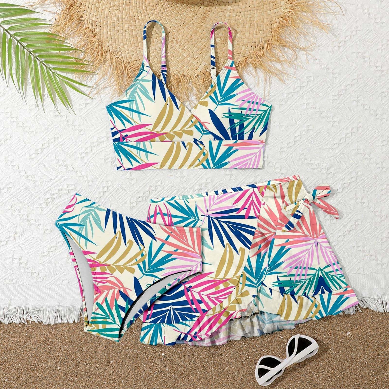 Traje de baño con falda para niña, juego de 3 piezas para la playa con estampado floral para niñas, elegante traje de baño de verano para niños grandes y preadolescentes