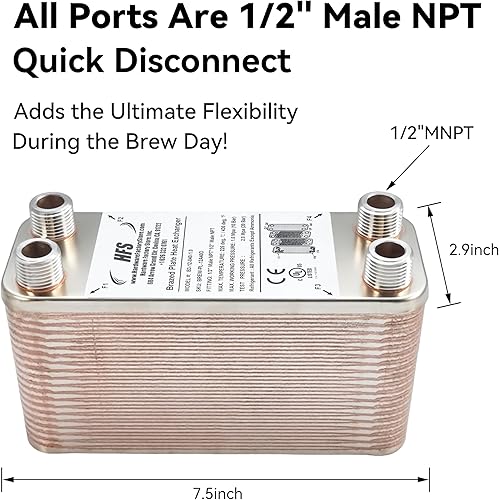 Miniatura 2 de HFS (R) 40 placas de acero inoxidable 304 Homebrew Beer Wort Chiller intercambiador de calor, 7.5 "x 2.9", 12" macho NPT x 12" macho NPT, sistema de