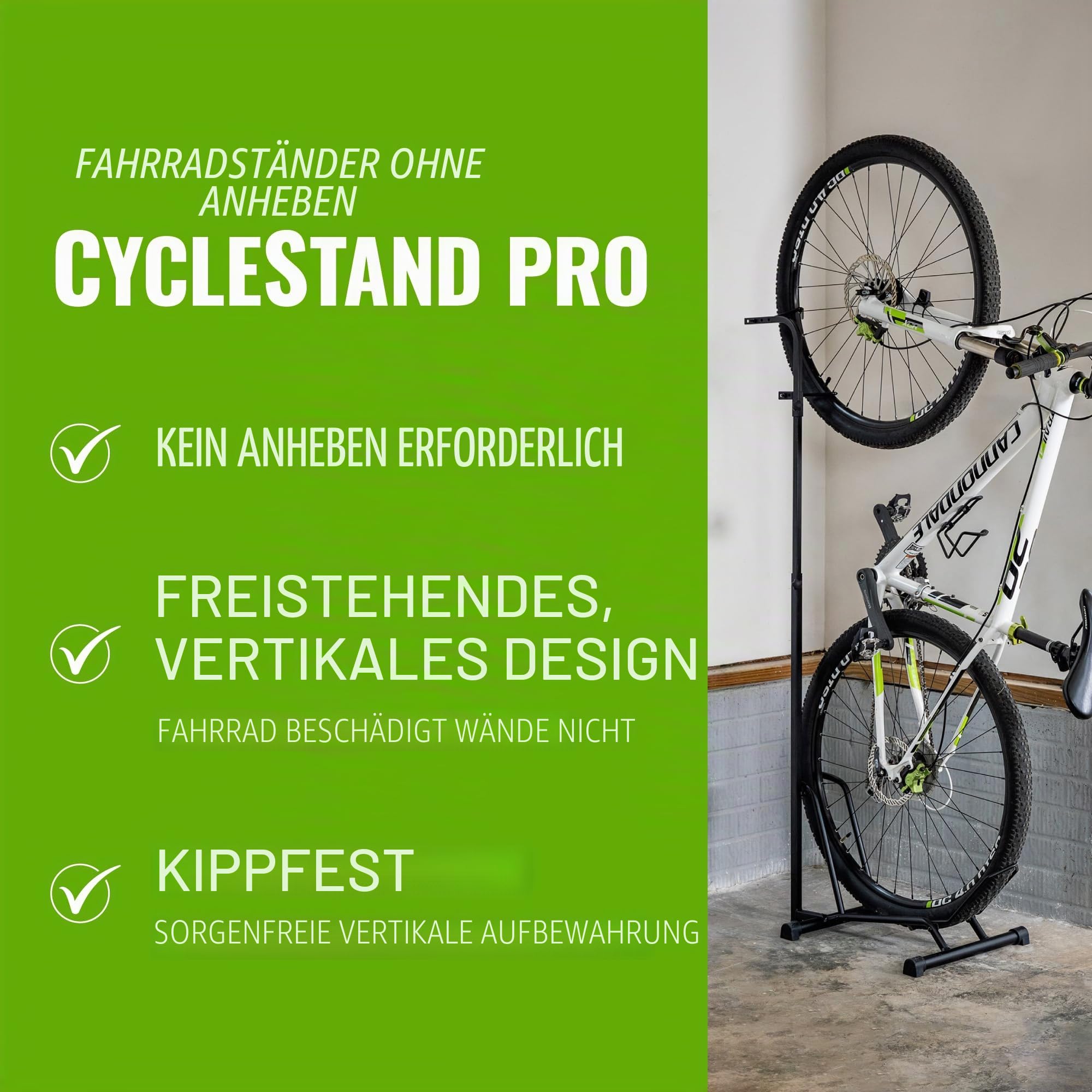CycleStand Pro Vertikaler Fahrradständer für den Innenbereich, Fahrradträger für Garage, aufrechte Fahrradhalterung, hält MTB, Straße und 