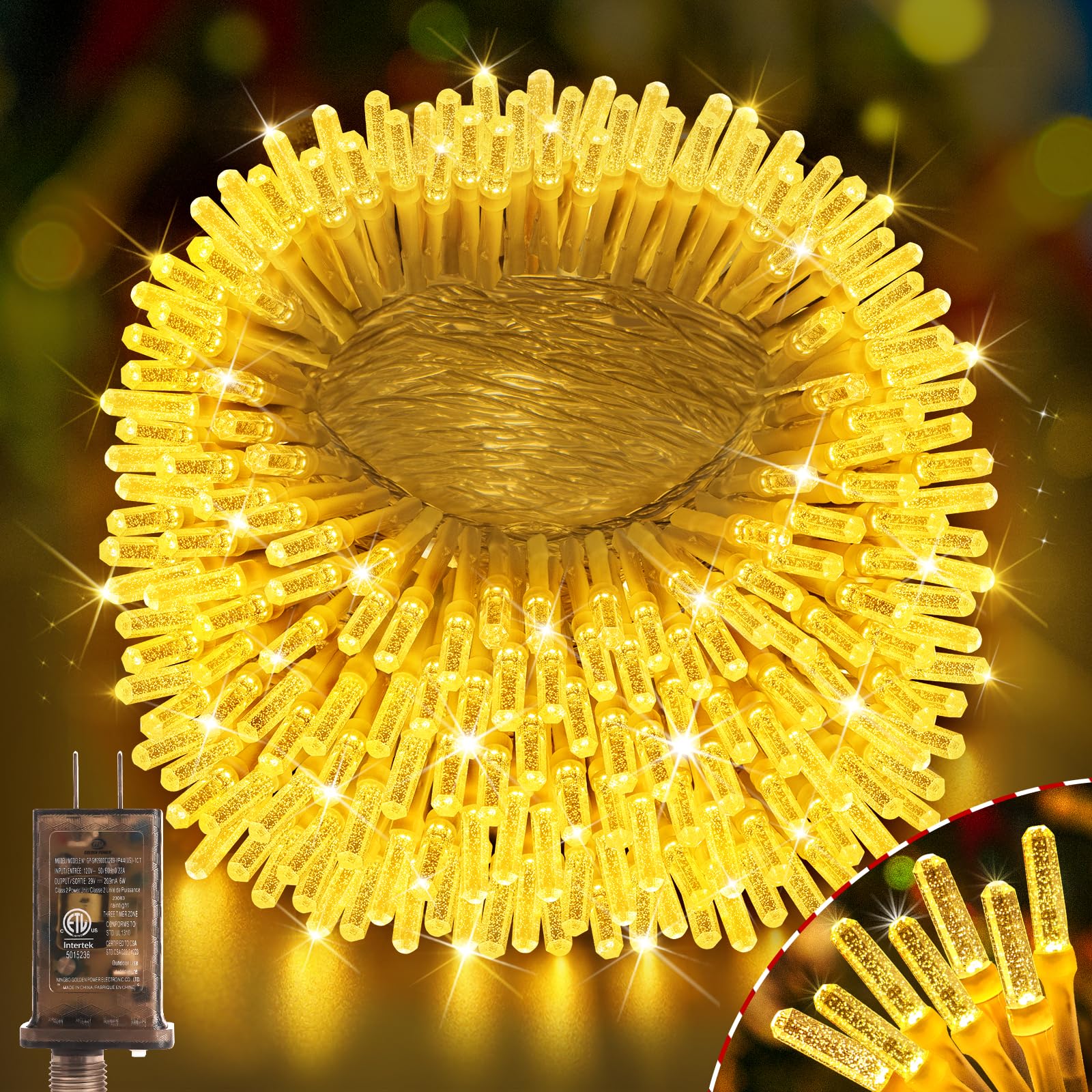 HezbjitiUpgrade 650LED 223FT Christmas Lights Outdoor, 8 Modes Fairy Lights with Timer and Dimmable IP44 Waterproof Plug in LED String Lights for Xmas House Yard Fence Tree Decorations (Warm White)