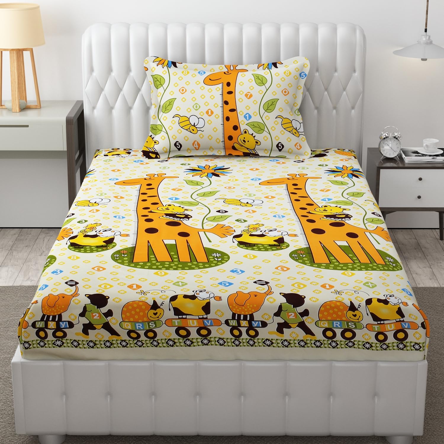 FRESH FROM LOOM Glace Cotton Wrinkle Free Soft Hypoallergenic Bed Sheet|Cartoon Printed|Single Bedsheet With One Pillow Cover Kids Bedsheet For Boys&Girls Room(60X90 Inches/Ziraffe),144 tc,Multicolor (B0CHS7B73B) Amazon Price History, Amazon Price Tracker