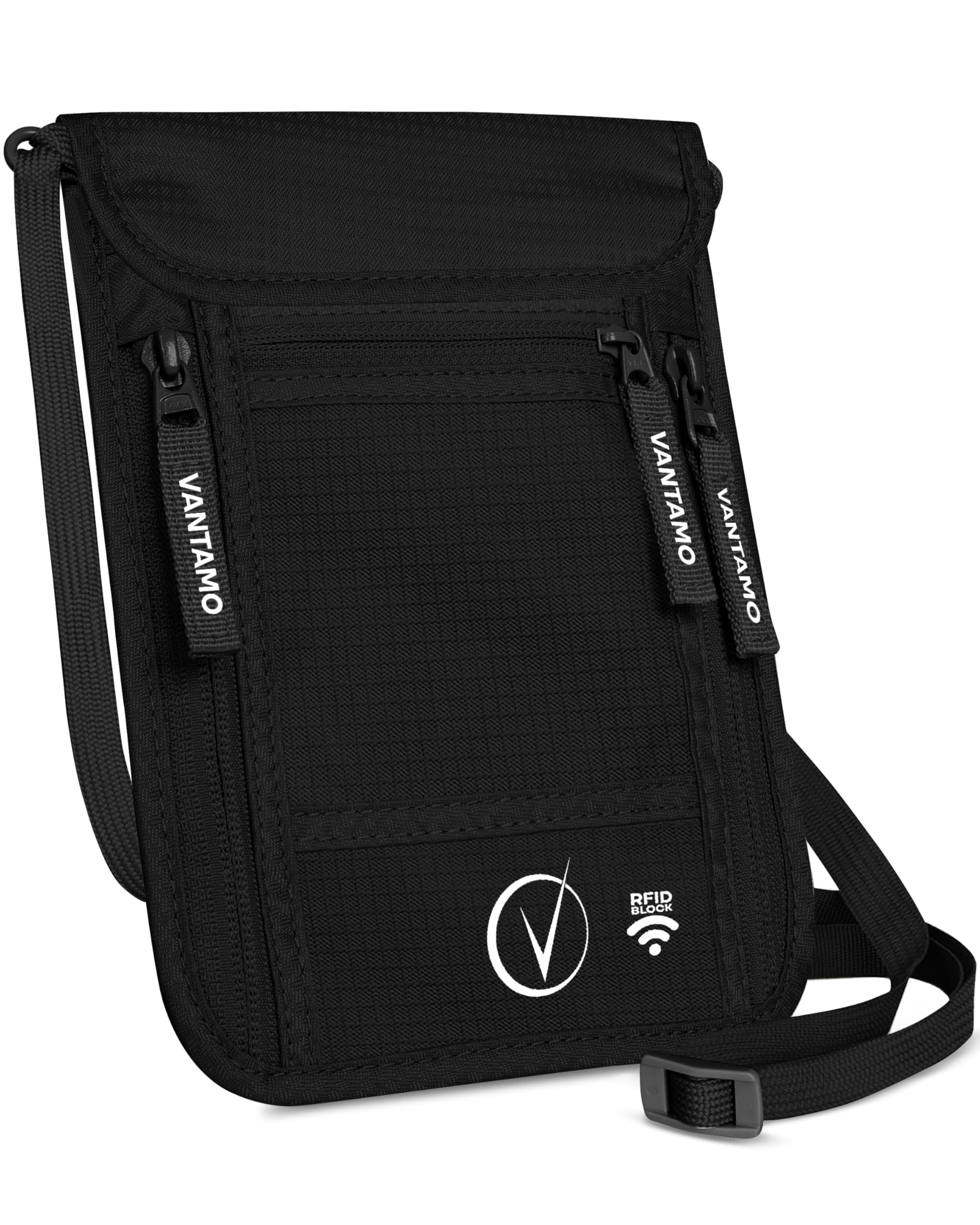 Premium Neck Wallet Travel Pouch und Passport Holder, RFID Protected, passt für Passport mit Cover. Neck Holder für Männer und Frauen, Onyx