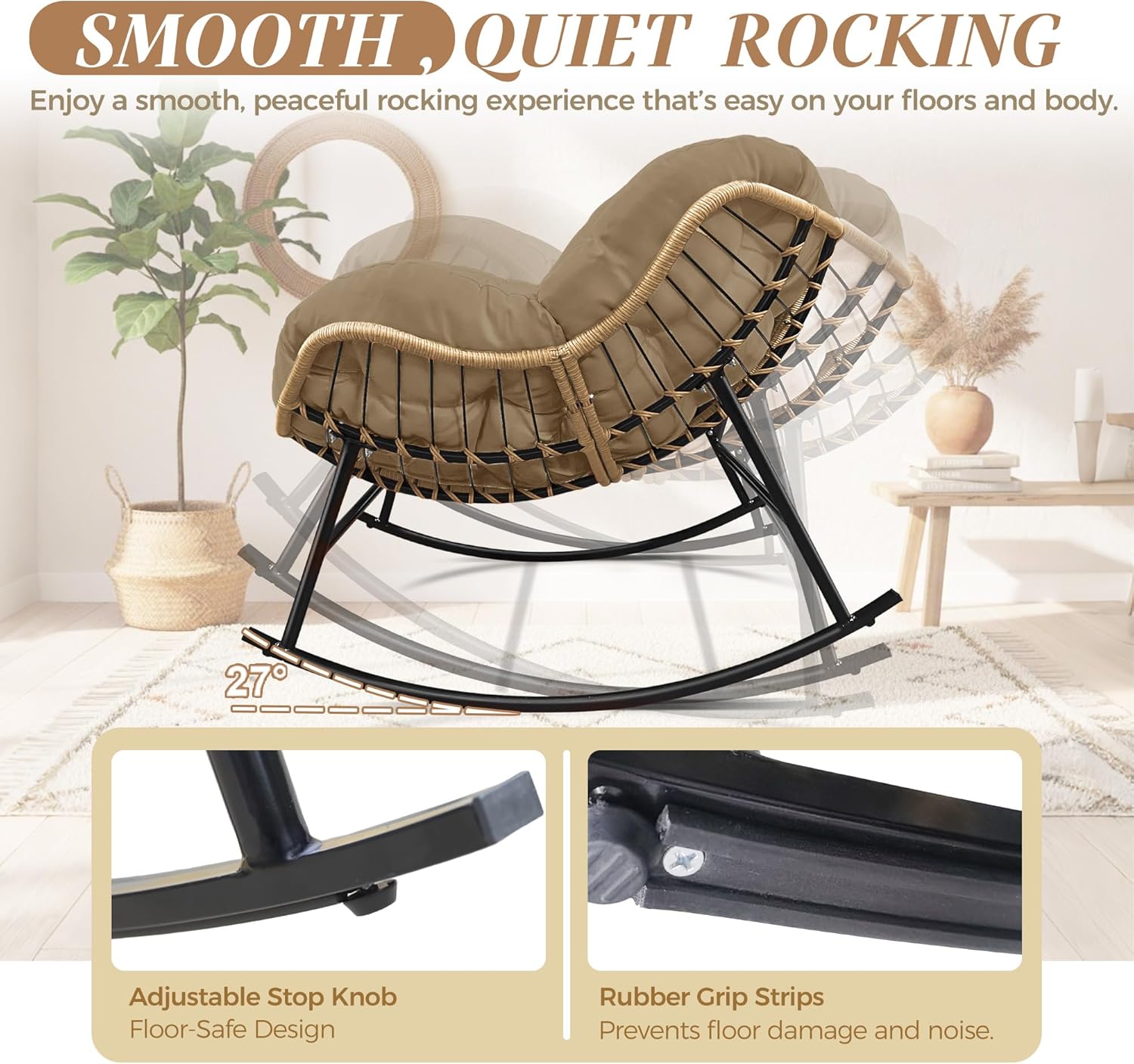 BULEXYARD Outdoor Papasan Rocking Chair with Cushion and Frame, Oversized Large Patio Lounge Chairs, Rattan Comfy Egg Recliner Chair, 450 Lbs Capacity Glider Rocker for Outside Bedroom Garden Brown