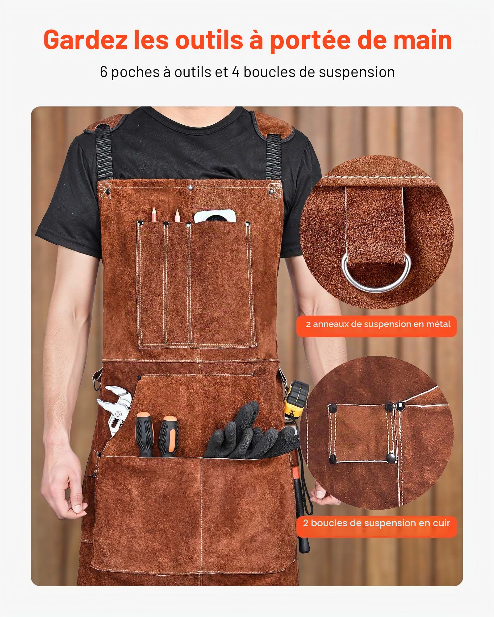 VEVOR Tablier de Soudage en Cuir de Vachette, Tablier de Soudeur Résistant aux Flammes, à la Chaleur, avec 6 Poches, Protection Étincelles pour Hommes, Femmes, de Travail du Bois, Jardinage, Barbecue