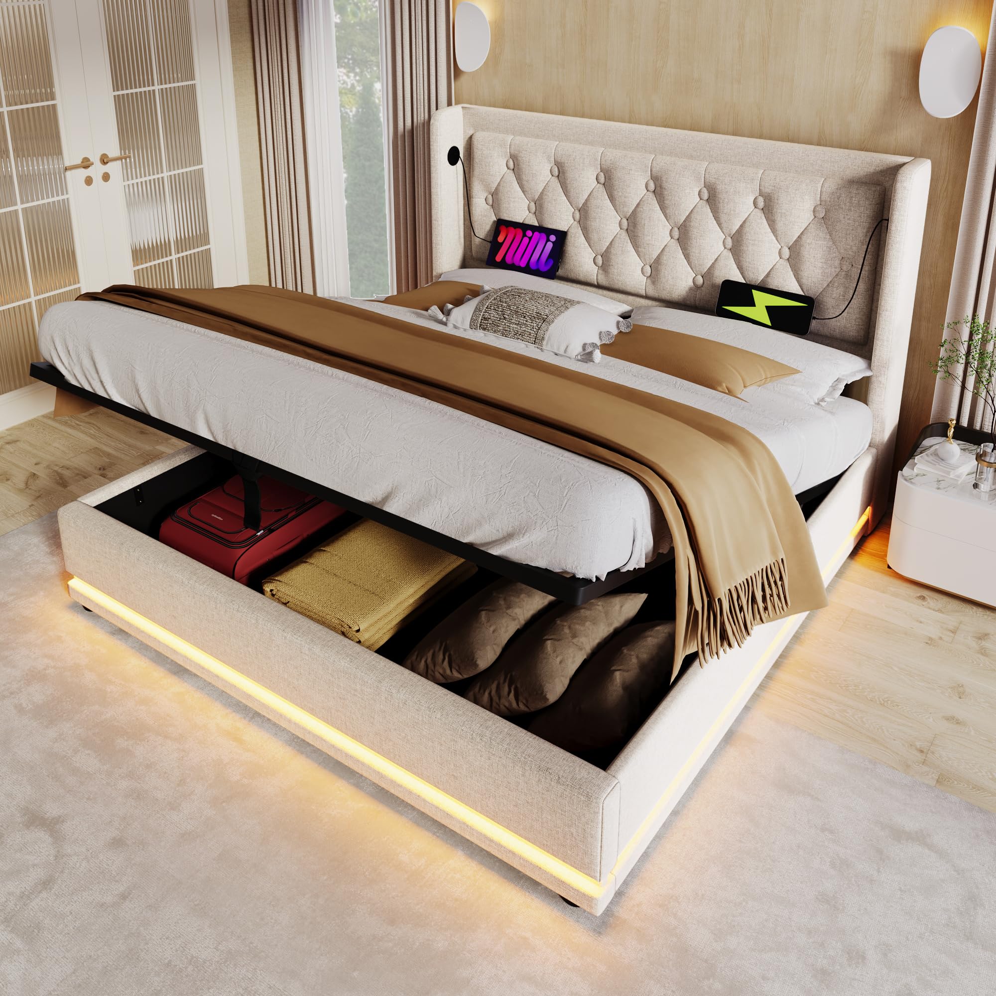 Opbergbed 160x200 Cm - Tweepersoonsbed Met Gestoffeerd Hoofdbord Met Usb Type C Oplader Linnen Grijs Zonder Matras