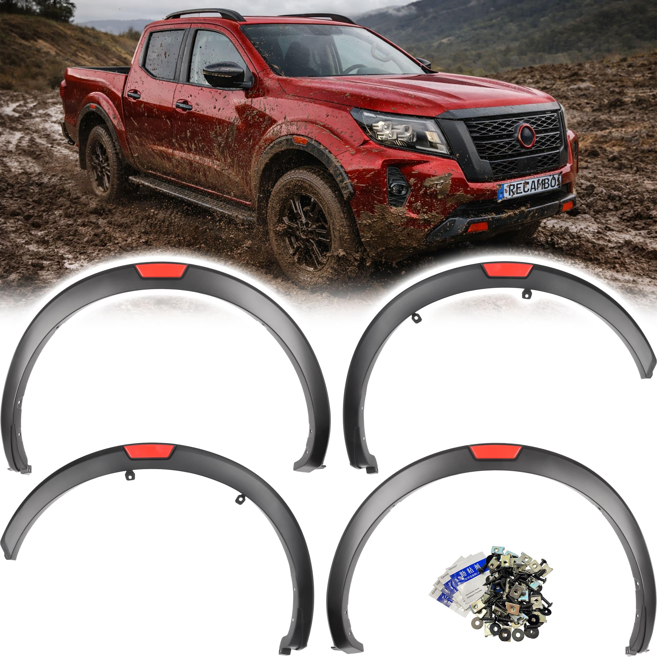 RECAMBO Poszerzenie nadkola poszerzenie błotnika pasuje do Nissan Navara NP300 | D23 | rok produkcji od 2021 > 4-częściowy zestaw ABS - listwy nadkolowe przód tył czarny matowy karoseria część
