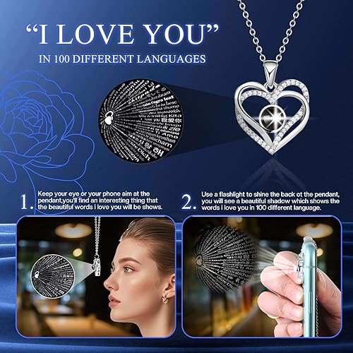 Miniatura 3 de Flores de rosas reales azules preservadas en caja con collar "I Love You en 100 idiomas", regalo único para mujeres, mamá, esposa, novia en el día