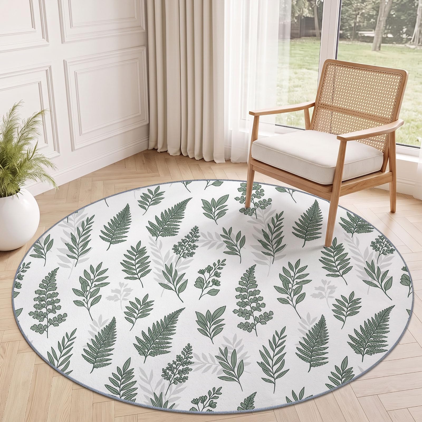 Générique Tapis Rond 180 cm Lavable Machine, Moquette Antidérapante Poil Bas Style Feuille Plantes Et Fleurs, Motif Branches De Fougères Et Feuilles Minimalistes Doux pour Chambre À Coucher, Vert