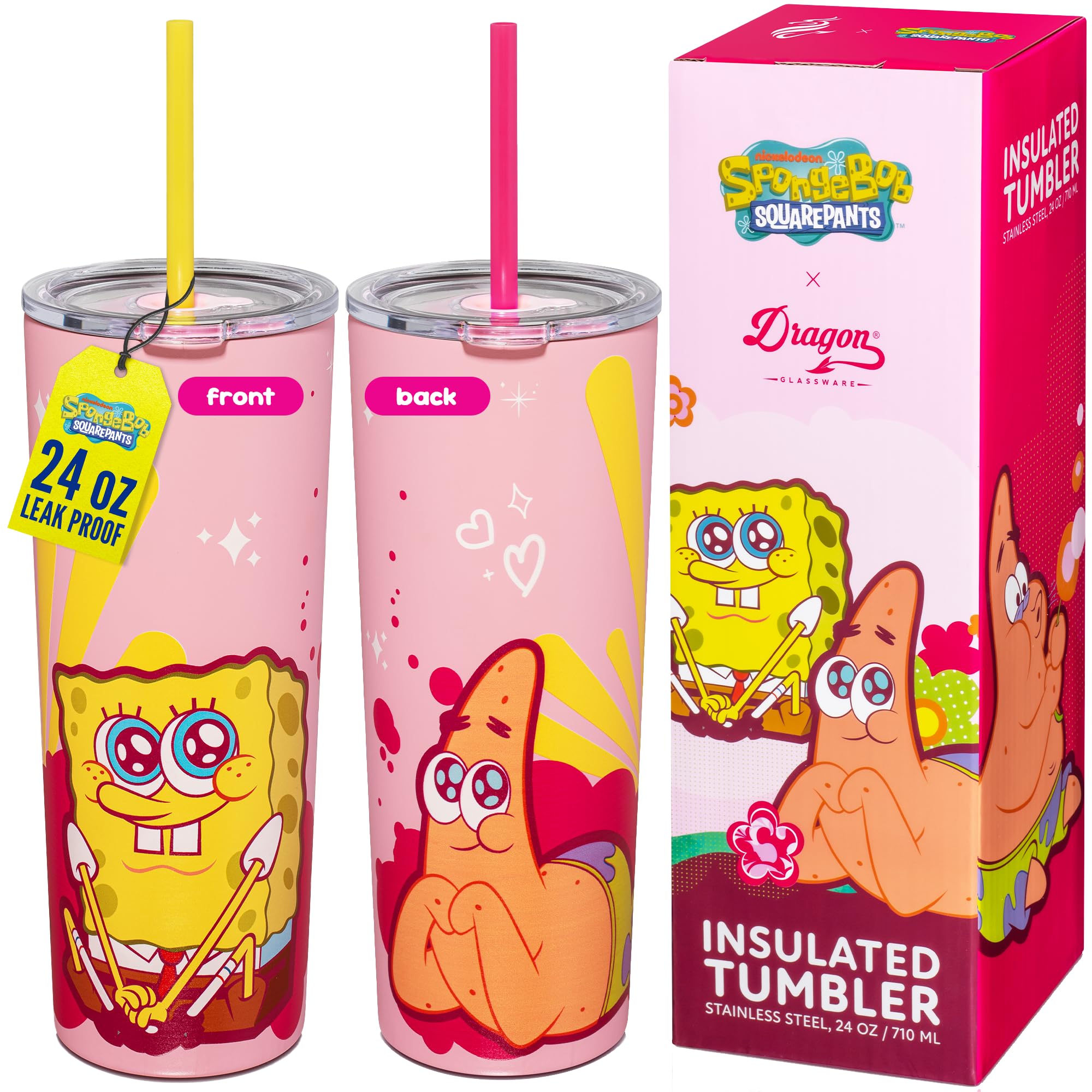 Dragon Glassware x SpongeBob SquarePants Tumbler with Straw, 24 oz - Pink | Vacuum Insulated Stainless Steel Tumbler with Straw & Lid; Double Walled Tumbler with Straw; SpongeBob SquarePants Cup SpongeBob - Pink 24 Ounces