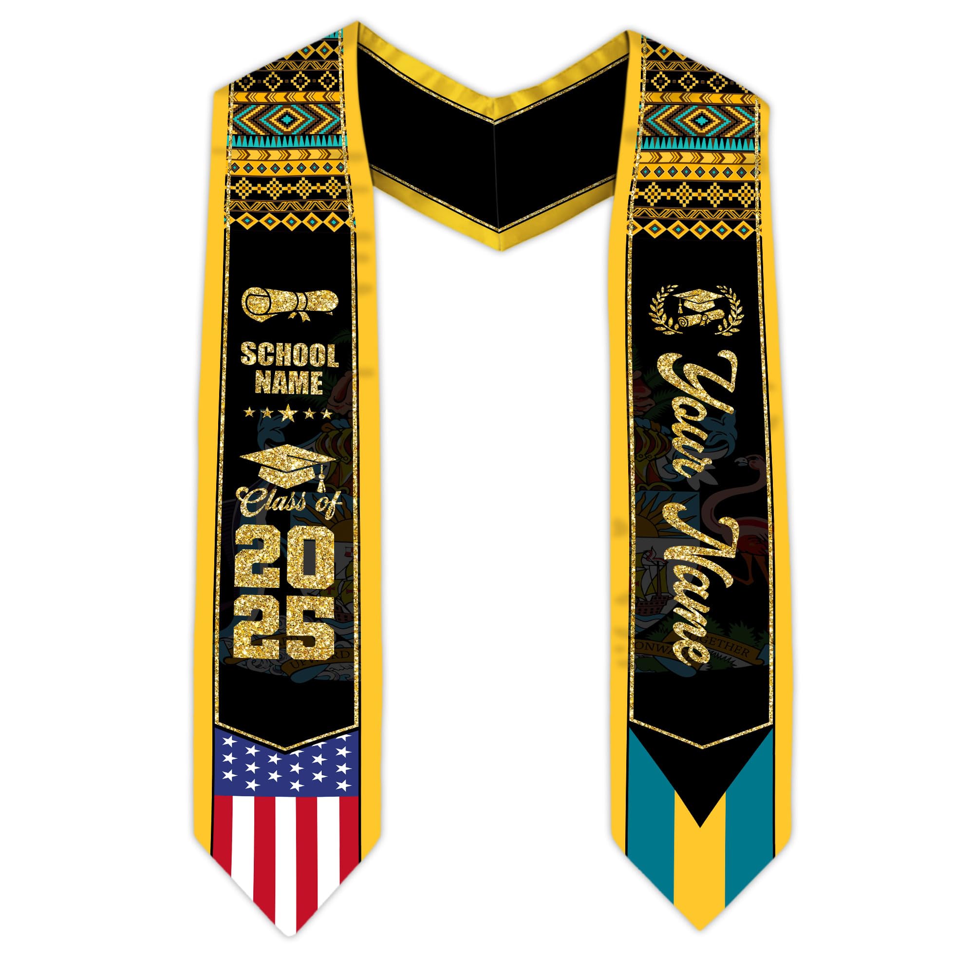MonkeyVan Personalized Bahamas Graduation Stole, Bahamian Graduation Sash, Bahamas Flag Graduation Stole, Class of 2025 Bhm6