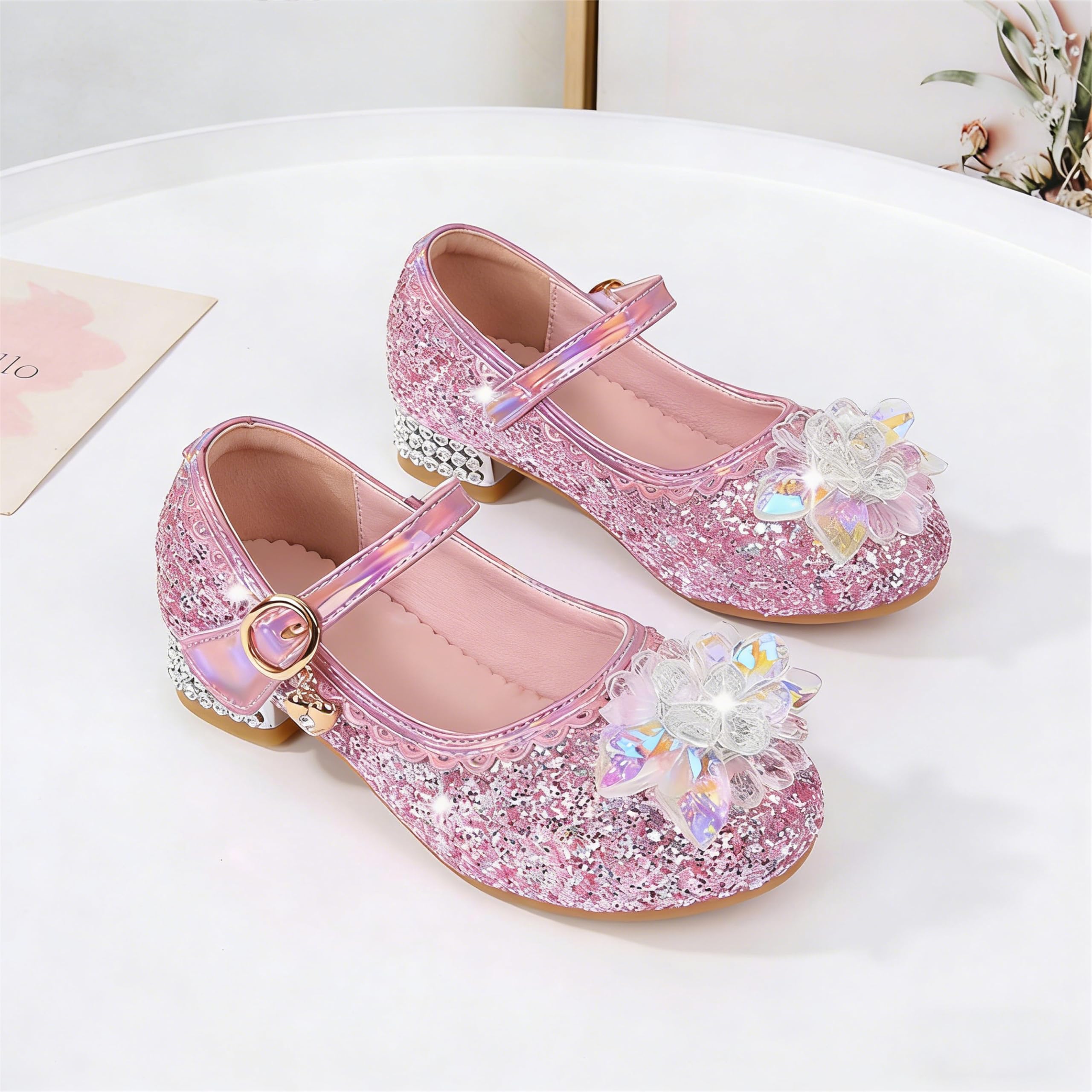 Chaussures de Princesse pour Fille Talon Haut Paillettes Antidérapant Sandales Mariage Rose 25 EU
