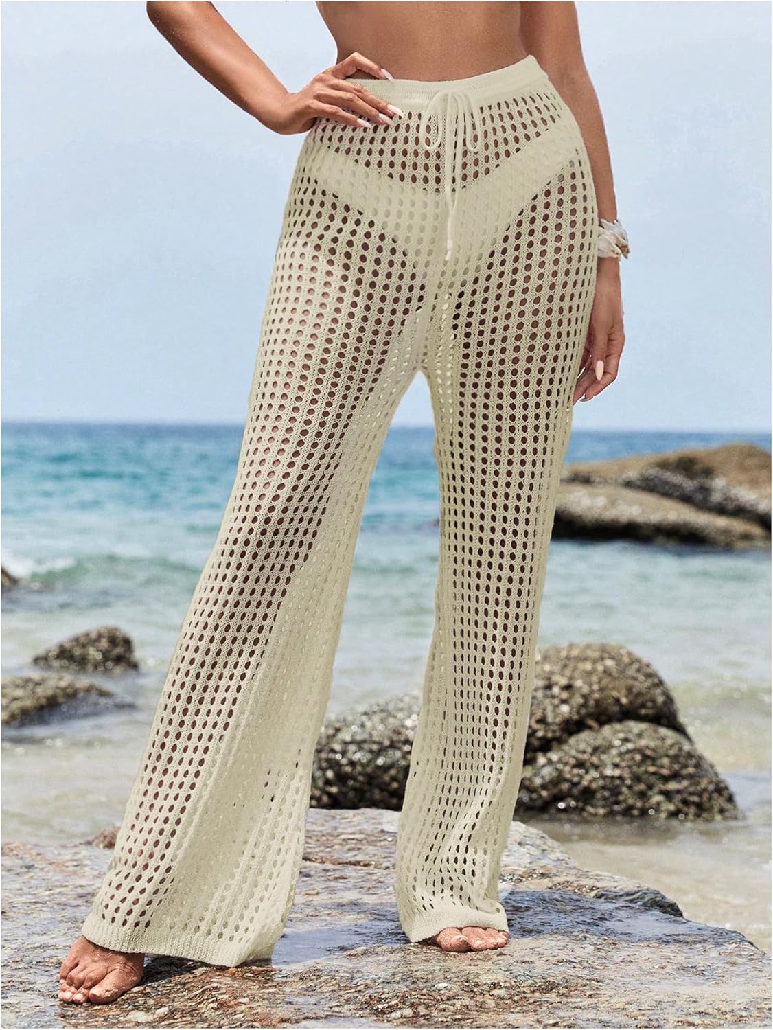 COZYEASE Women's Beach Cover Up Pants Hollow Out Drawstring Elastic High Waist Bathing Suit Cover Up Beach Pants - Image 2