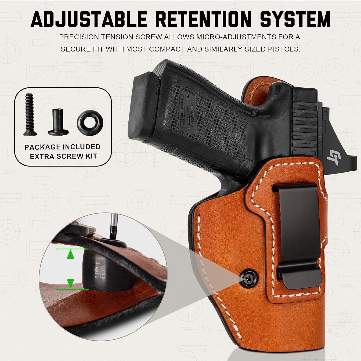 Premium Universal Leather IWB Holster for G19 G23 G26 G27, P-10C, SD9VE SD40VE, Security 9, PPQ and Similar Size Compact Pistols, Inside Waistband Concealed Carry Holster with Optic Cut, Brown Color