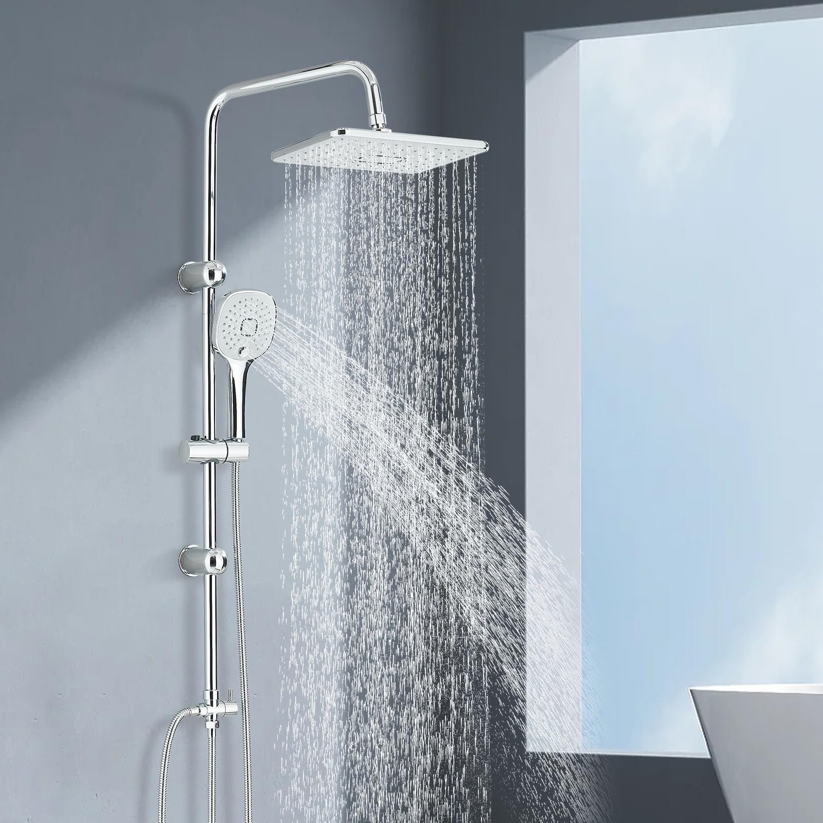 Sistema de ducha sin grifería Cromo Ducha de lluvia Juego de ducha sin grifo con cabezal de ducha de lluvia y 3 tipos de chorro, sistema de ducha de mano de acero inoxidable