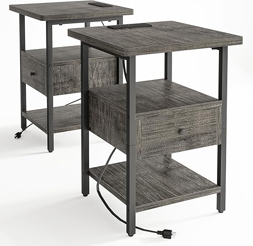 Fixwal Juego de 2 mesitas de noche con estación de carga, mesa auxiliar con puertos USB y tomas, mesitas de noche modernas con cajones para