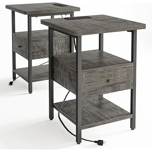 Fixwal Nightstand Set of 2 with Charging Station, End Table Bedside Table with USB Ports and Outlets, Modern Nightstands with Drawers for Living Room, Bedroom, Sofa Couch, Gray